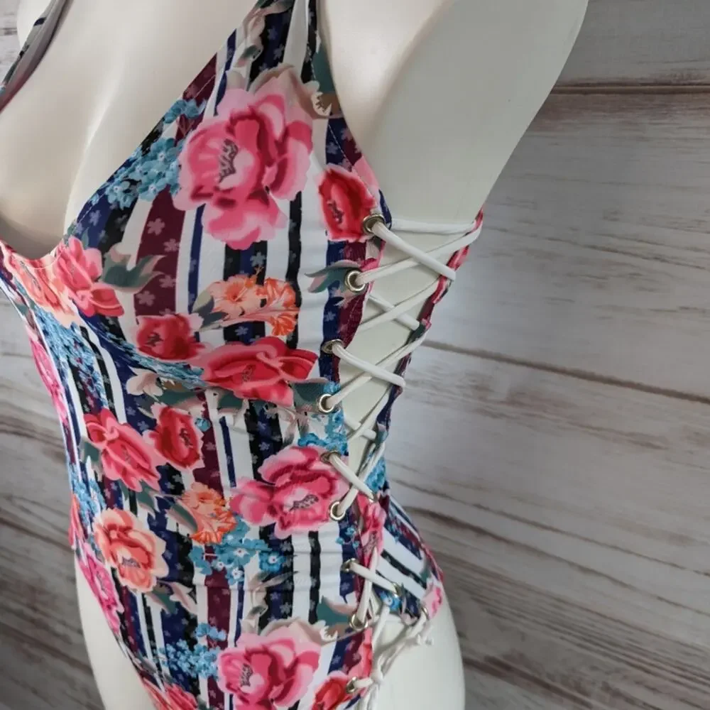 SheIn Floral Stripe Side Tie One Piece Swimsuit sz Medium